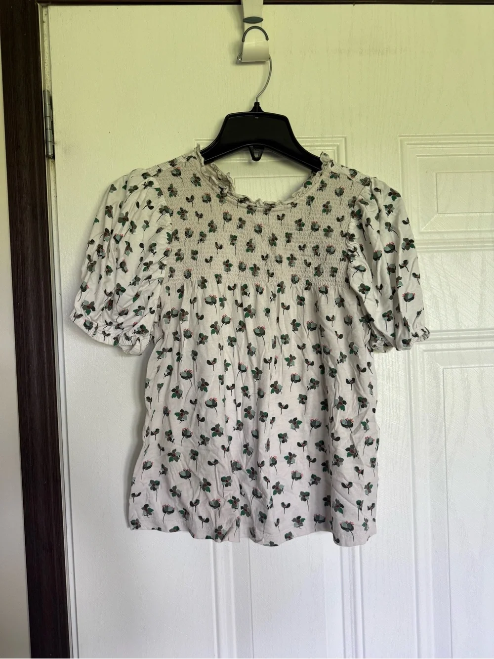 2 for $15 sale: LOFT white blouse features a vibrant green and pink floral print